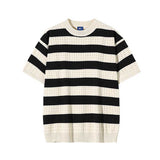 Round Neck Loose Striped Half-sleeve Knitted T-shirt