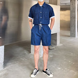 Men's Summer Casual Simple Slim Fit Thin Denim Short Sleeve Shirt And Shorts Set