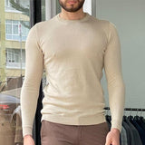 Men Casual Slim Fit Khaki Crew Neck Pullover Long Sleeve Thin Knit Tops