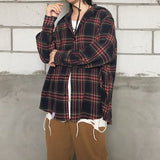 Street Loose Burgundy Plaid Long Sleeve Shirt