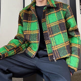 Men's Winter Green Plaid Jacket Short Single-breasted Coat