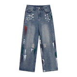 Men's Casual Ripped Irregular Graffiti Wide Leg Jeans