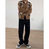 Rhombus Stand Collar Knit Zip Cardigan