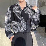 Men's Black and White Abstract Irregular Print Contrast Color Long Sleeve Shirt